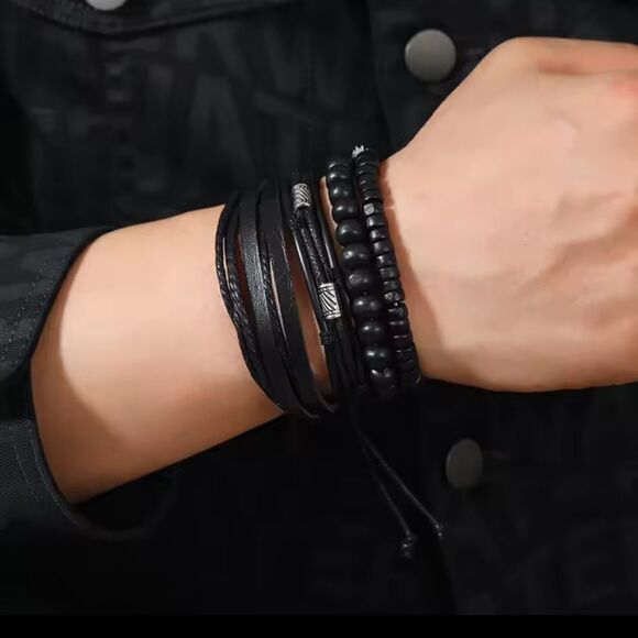 Men's bracelets leather 4pc layered beaded black new e82 - Picture 1 of 3